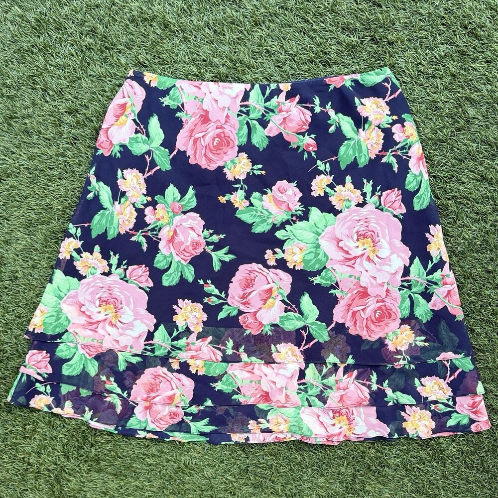 Lauren Ralph Lauren 100% Silk Floral Skirt Navy Pink Roses Layered Size 10 Fairy
